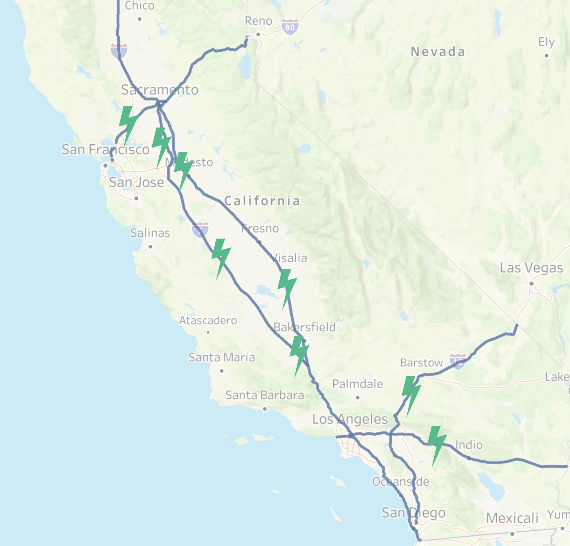 map of California with Ramp Charging locations
